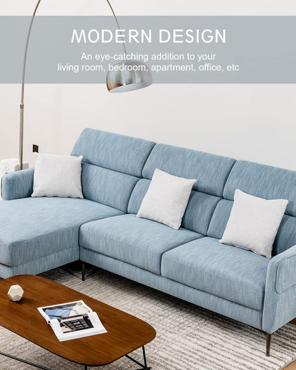 Giantex L-Shaped Sofa Couch, 3-Seat Upholstered Sofa with Wide Chaise Lounge, Adjustable Headrest, Blue