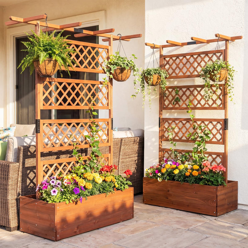 Giantex Raised Garden Bed with Trellis 1/2 Pack 72'' Wooden Planter Box(60"Lx22”Wx 72"H)