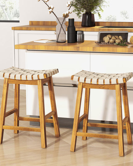 Giantex 25.5/31" Woven Bar Stools Set of 2/4, Faux PU Leather Counter Height Saddle Stools with Woven Curved Seat