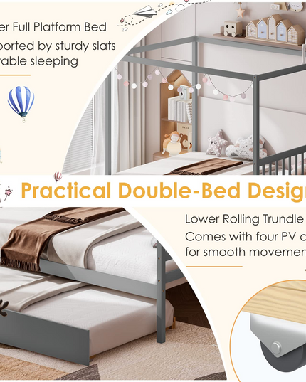 Giantex Canopy Bed w/ Trundle, Full Size Kids Solid Wood Platform Bed Frame