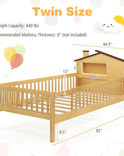 Giantex Twin Bed Frames for Kids, Solid Wood Montessori Bed with House-Shaped Headboard & Built-in Storage Shelf