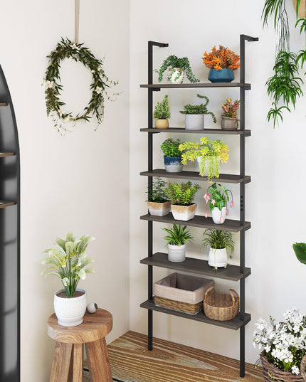 Giantex 6-Tier Ladder Shelf, 72" Wall Mounted Bookshelf with Metal Frame, Industrial Open Storage Shelves