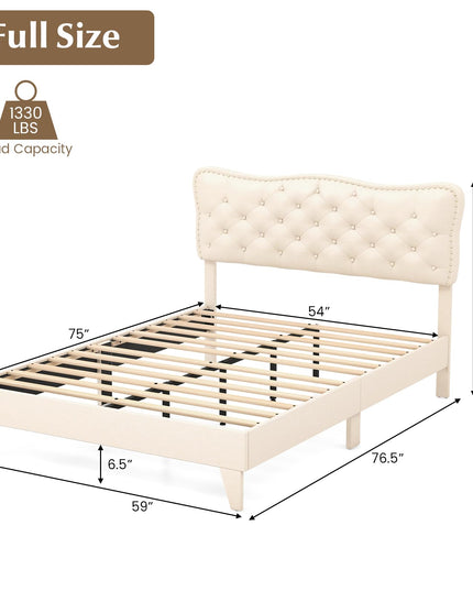 Giantex Full Size Bed Frame Beige, Linen Fabric Upholstered Platform Bed Frame with Nail Headboard