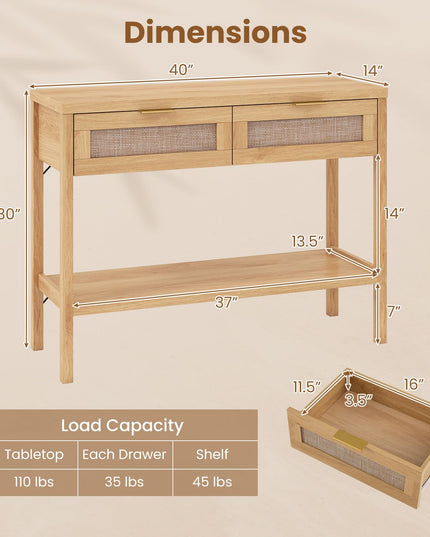 Giantex 40" Rattan Console Table with 2 Drawers & Shelf, 2 Anti-Tipping Kits