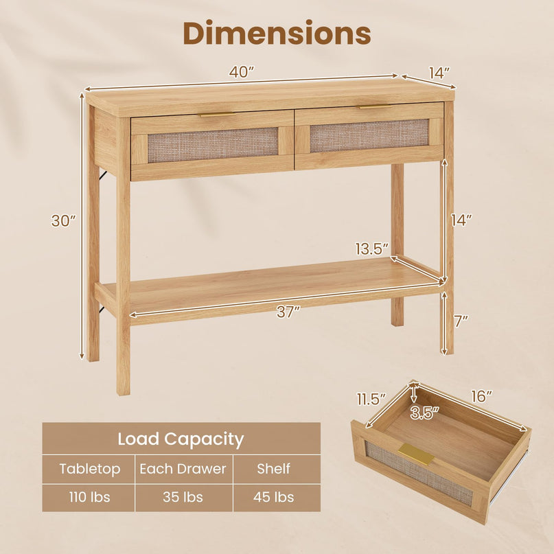Giantex Table console en rotin de 101,6 cm avec 2 tiroirs et étagère, 2 kits anti-basculement