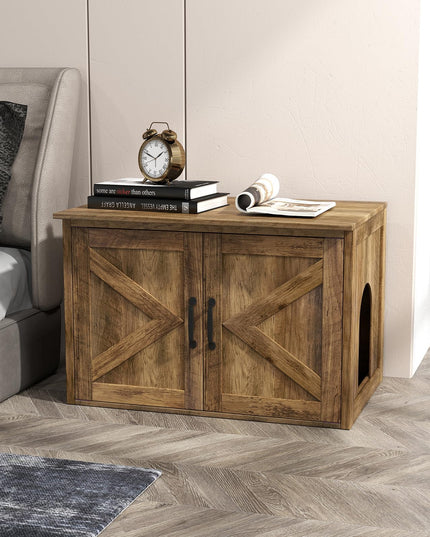 Giantex Cat Litter Box Enclosure - Flip Top Litter Box Hidden Furniture with Barn Door, Side Entrance
