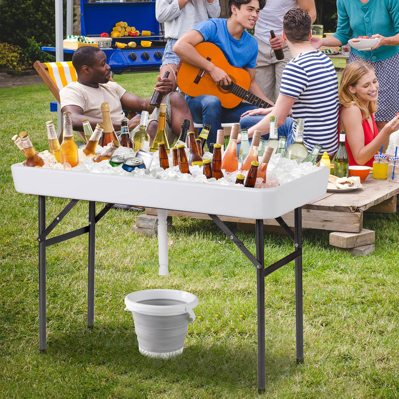Giantex 4 FT Folding Ice Cooler Table with Drain & Bucket Removable Skirt