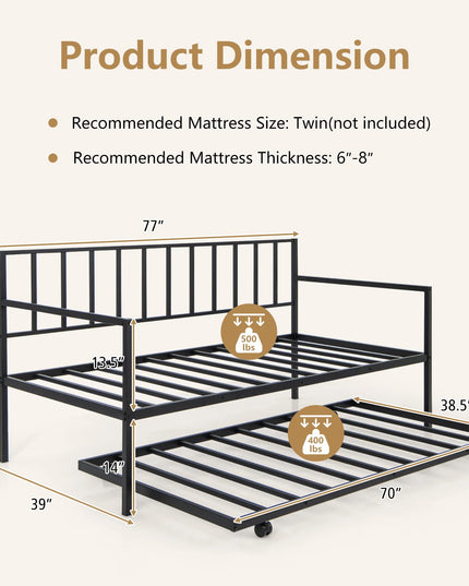 Giantex Metal Daybed with Trundle, Twin Size Daybed with Pullout Trundle & Steel Slat Support, Black