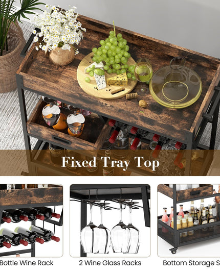 Giantex Rolling Bar Cart, 3-Tier Industrial Buffet Serving Cart with Wine Rack, Stemware Rack & Removable Tray