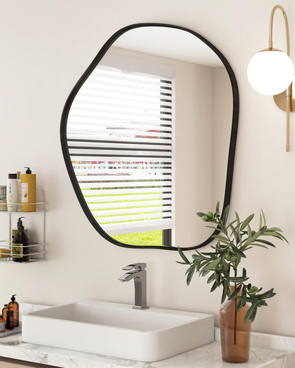 CHARMAID Irregular Wall Mirror, Asymmetrical Mirror Wall Mounted with Metal Frame and Wood Back Broad