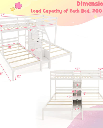Giantex Lit Superposé Triple (Lits Jumeaux sur Lits Jumeaux et Lits Jumeaux) avec Escalier de Rangement à 4 Marches, 3 Lits Superposés en Bois pour Enfants et Adolescents