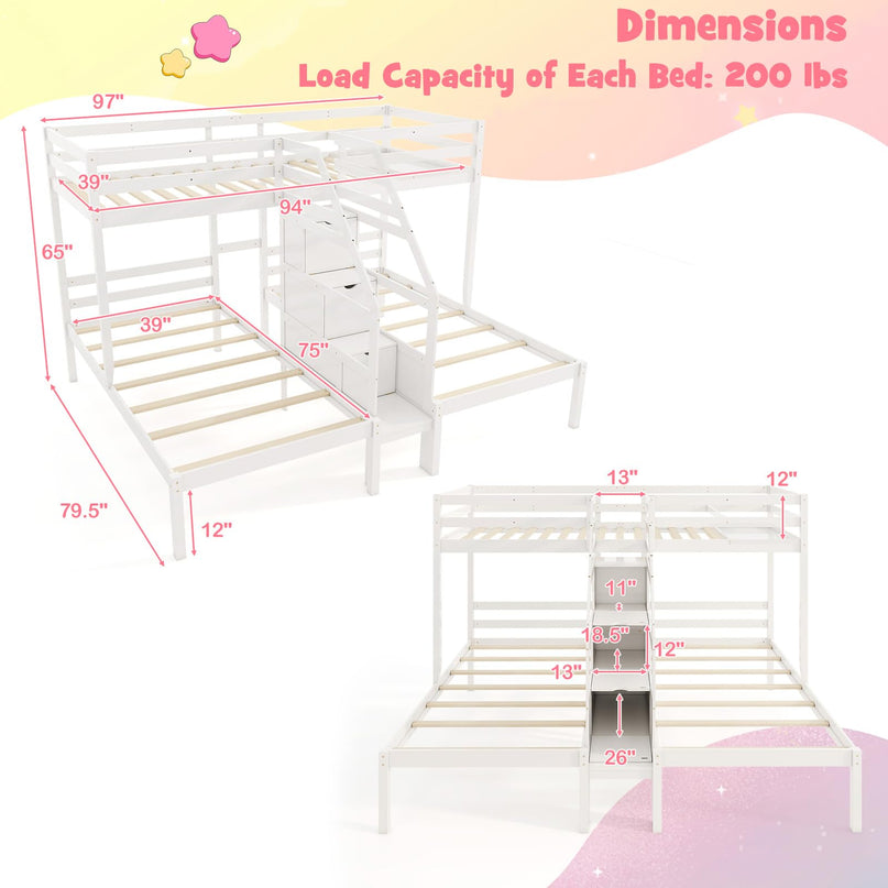 Giantex Lit Superposé Triple (Lits Jumeaux sur Lits Jumeaux et Lits Jumeaux) avec Escalier de Rangement à 4 Marches, 3 Lits Superposés en Bois pour Enfants et Adolescents