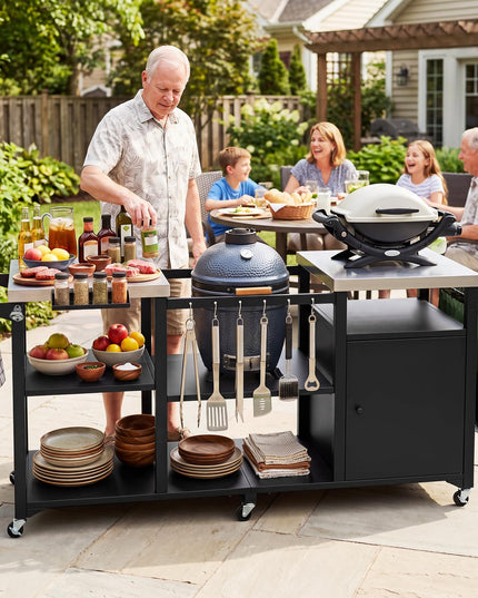 GIANTEX Large Outdoor Grill Cart with Cabinet & Dual Stainless Steel Tops