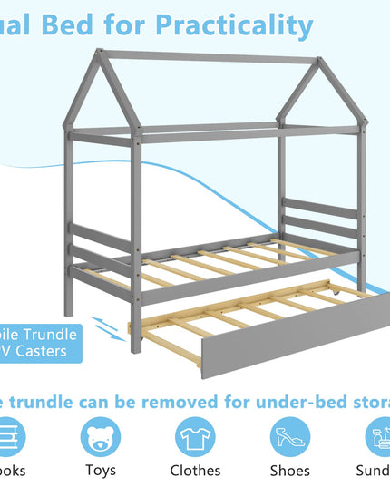Giantex House Bed with Trundle, Solid Wood Twin Size Daybed for Girls & Boys