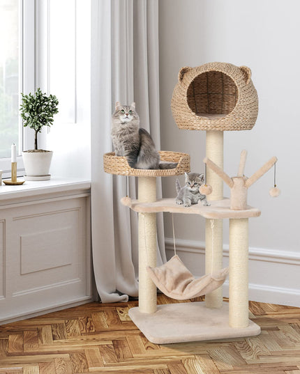 Giantex Wooden Cat Tree, 48 inches Cat Tower with Cattail Condo, Cat Bed, Hammock, Rotatable Jingling Balls