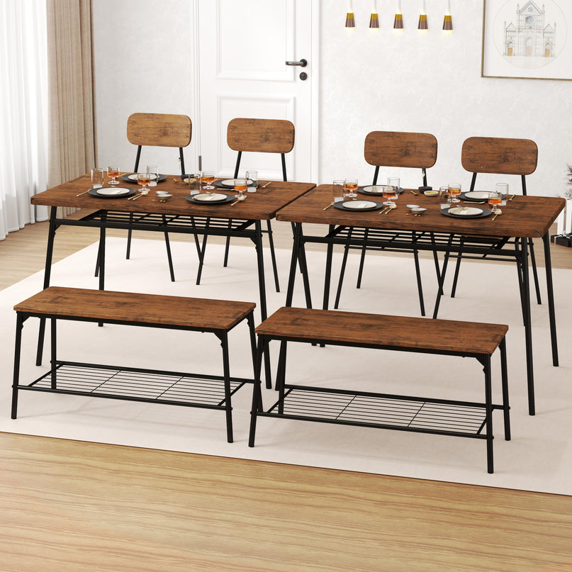 Giantex Dining Table Set for 4, Kitchen Table with Bench & 2 Chairs, Storage & Metal Frame