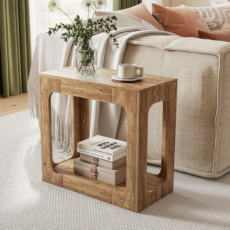 Giantex 2 Tier Farmhouse Side Table with Open Storage Shelf