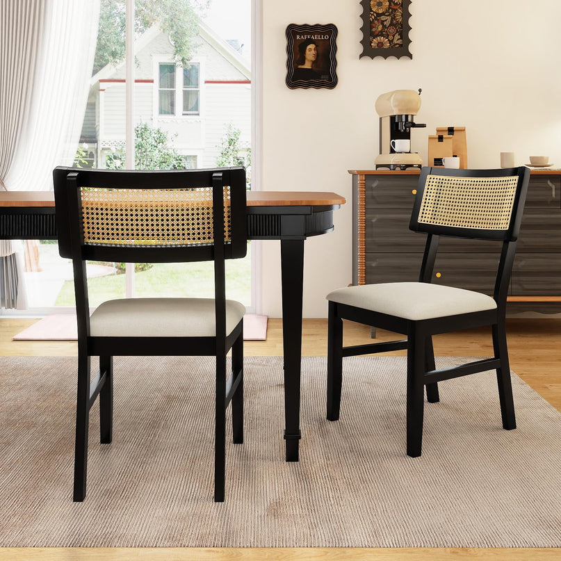 Giantex Rattan Fabric Upholstered Dining Room Chairs w/Rubber Wood Legs & Curved Backrest