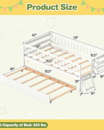 GIANTEX Trundle Bed Twin Size with Bookshelf 2-Step Ladder for Kids