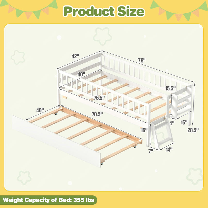 GIANTEX Trundle Bed Twin Size with Bookshelf 2-Step Ladder for Kids