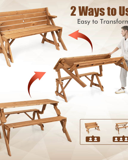 Giantex Wooden Picnic Table Set, 2 in-1 Folding Picnic Bench Set Transforming Interchangeable