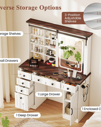 CHARMAID Farmhouse Vanity Table with Barn-Style Sliding Lighted Mirror
