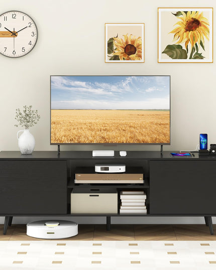 Giantex TV Stand with Power Outlet for TVs up to 60'', Entertainment Center with Cable Hole, Cabinets