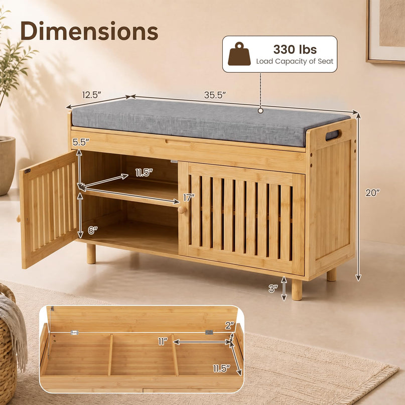 GIANTEX 36" Bamboo Shoe Storage Bench with Lift Top & Cushion