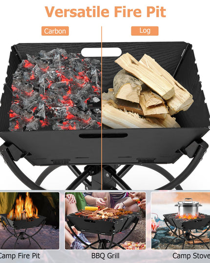 Giantex Folding Campfire Grill, Camping Fire Pit with Stainless Steel Grates, Collapsible Aluminum Legs, Carry Bag