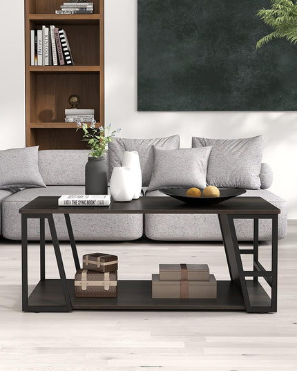 Giantex Modern 2-Tier Rustic Wood Rectangular Geometric Coffee Table with Storage