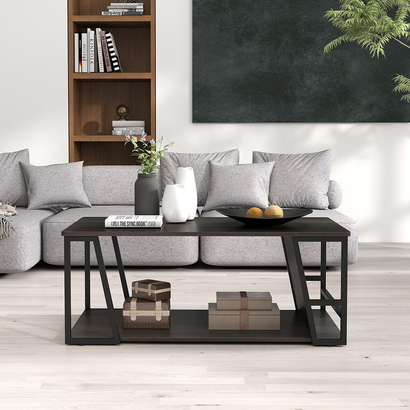 Giantex Modern 2-Tier Rustic Wood Rectangular Geometric Coffee Table with Storage