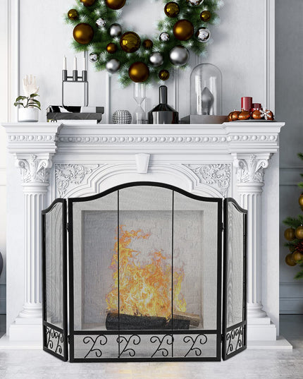 Giantex 3-Panel Folding Fireplace Screen Black - 50 x 31 Inch No Assembly Required Decorative Freestanding Steel Mesh Fire Screen