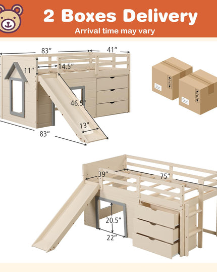 Giantex Twin Low Loft Bed with Slide, Solid Wood Twin Loft Bed with Ladder