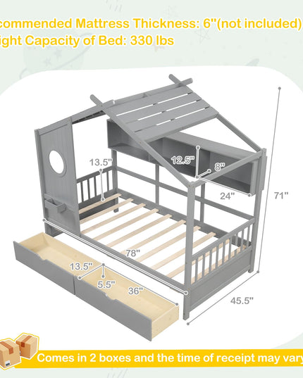 Giantex Twin House Bed with 2 Storage Drawers, Kids Bed Frame with Storage Cubes, Montessori Bed with Fence Guardrails & Roof