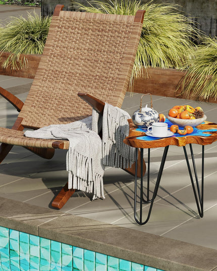 Giantex 21” Teak Wood Outdoor Side Table - Epoxy Resin End Table with Irregular Tabletop