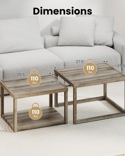 Giantex Stackable Nesting Coffee Table Set of 2 with Storage Shelf & Rubber Wood Frame