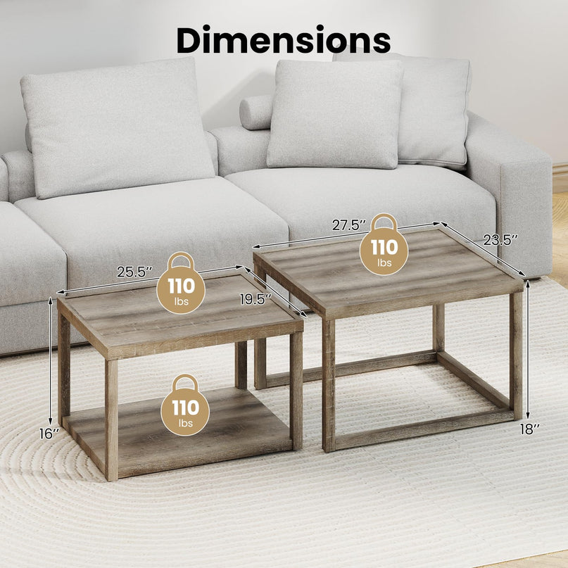 Giantex Stackable Nesting Coffee Table Set of 2 with Storage Shelf & Rubber Wood Frame