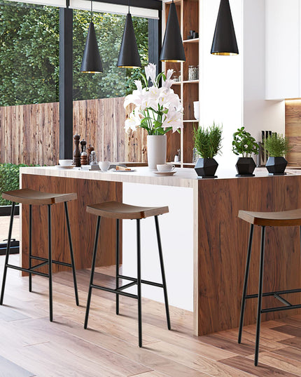Industrial Saddle Stool with Footrest, Metal Legs, Adjustable Foot Pads, Backless Counter Height Chair for Living Room Kitchen Bar