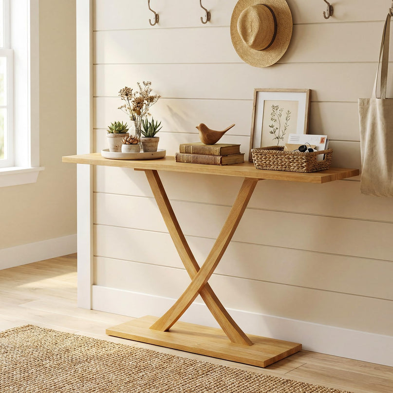 Console en bois massif Giantex 57" avec cadre en bois de teck et design géométrique