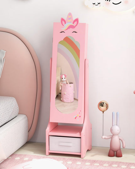 CHARMAID Kids Mirror Jewelry Cabinet - 45.5" Standing Jewelry Armoire with Full Length Mirror