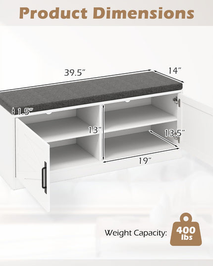 Giantex Shoe Storage Bench with Cushion, 2-Tier Entryway Bench w/2 Barn Doors & 2 Adjustable Shelves