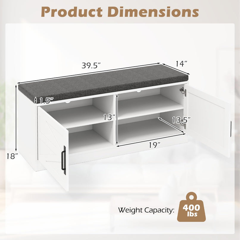 Giantex Shoe Storage Bench with Cushion, 2-Tier Entryway Bench w/2 Barn Doors & 2 Adjustable Shelves