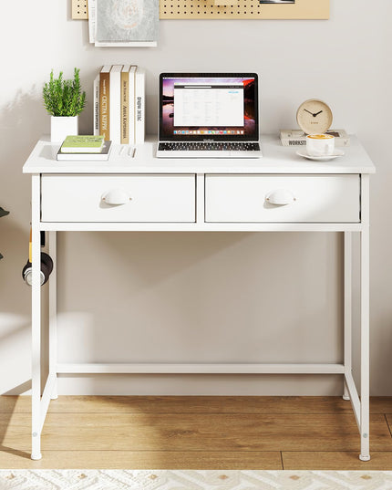 Giantex Small Computer Desk with Fabric Drawers, 36 Inch Home Office Desk with 4 Hanging Hooks & Metal Frame