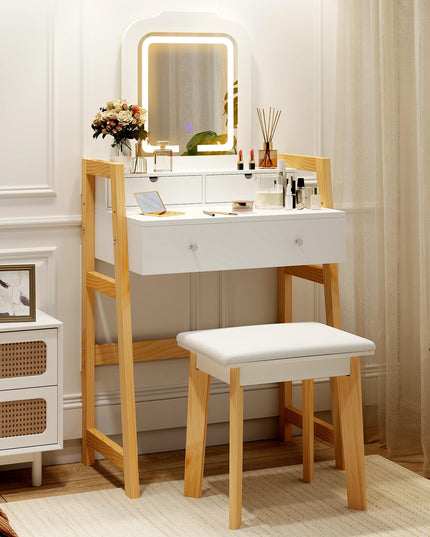 Small Vanity Desk with Mirror and Lights, White Makeup Vanity Desk with 3 Drawers