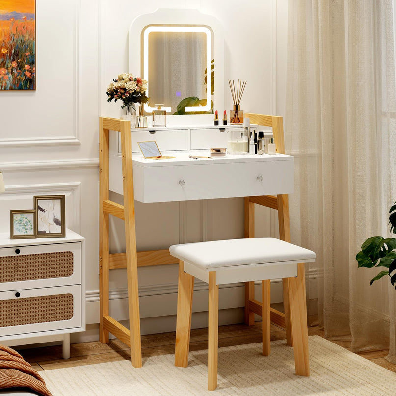 Small Vanity Desk with Mirror and Lights, White Makeup Vanity Desk with 3 Drawers