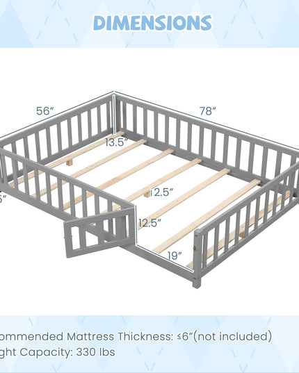 Giantex Full Size Floor Bed for Kids, Montessori Floor Bed with Wood Slats & Safety Guardrails