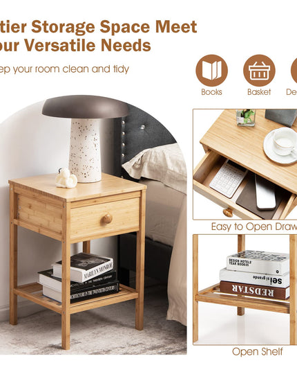 Giantex Nightstand Bamboo Bedside Table with Drawer, Open Shelf, Multifunctional Side Table