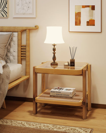 Giantex Rattan Side Table, Boho End Table for Living Room, Narrow Bedside Table with Tempered Glass Top
