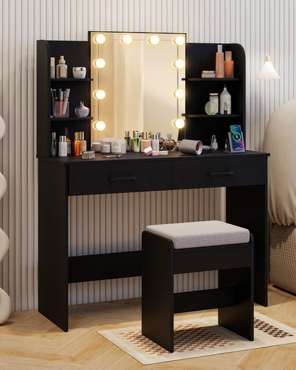 CHARMAID Vanity Desk with Mirror and Lights, Black Makeup Vanity Table with Large Drawers, Storage Shelve