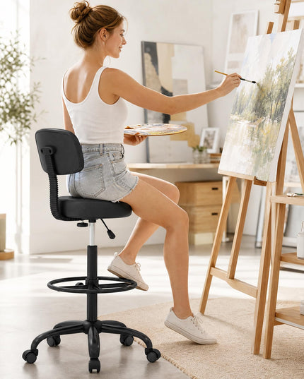 GIANTEX Drafting Chair with Back Adjustable Foot Rolling Stool with Wheels(1/2)
